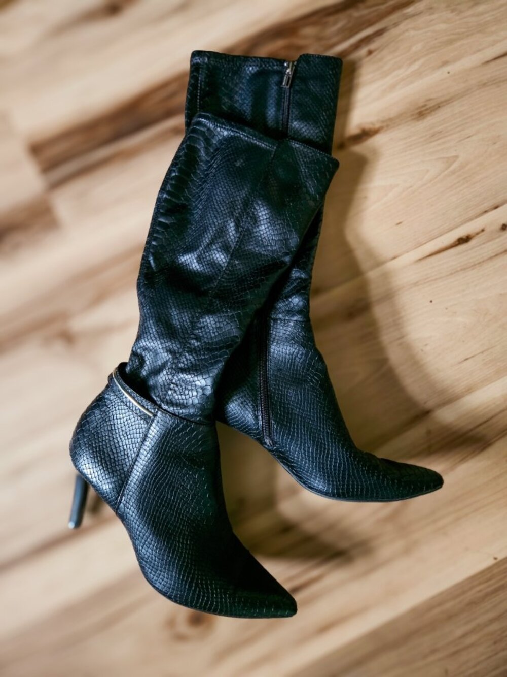 Calvin Klein Black Snakeskin Pointed Toe Knee-High Boots